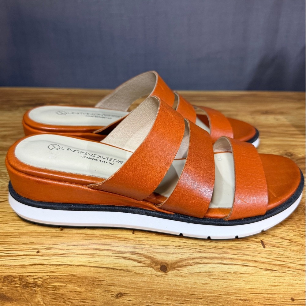 Unity in Diversity Burnt Orange (brown) Leather Triple Strap Slide Sandals 38